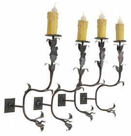 (4) LARGE WROUGHT IRON FOLIATE 1-LIGHT WALL SCONCES, MEXICO