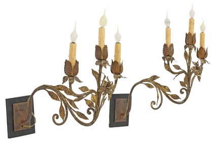 (2) ITALIAN GILT IRON SCROLLED FOLIATE 3-LIGHT WALL SCONCES