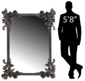 WROUGHT IRON MIRROR WITH APPLIED FLOWERS, 62" X 46"