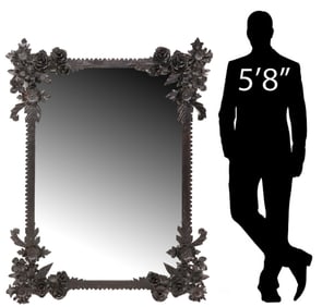 WROUGHT IRON MIRROR WITH APPLIED FLOWERS, 62" X 46"