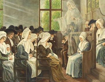 AFTER JAMES DOYLE PENROSE PAINTING OF A QUAKER MEETING, 44" X 56"