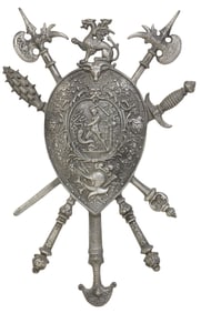 DECORATIVE CAST METAL COAT OF ARMS RELIEF PLAQUE, 31" X 20"