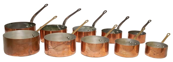(10) FRENCH GRADUATED COPPER SAUCEPANS, TWO SETS
