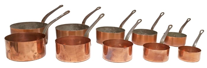 (10) FRENCH GRADUATED COPPER SAUCEPANS, TWO SETS