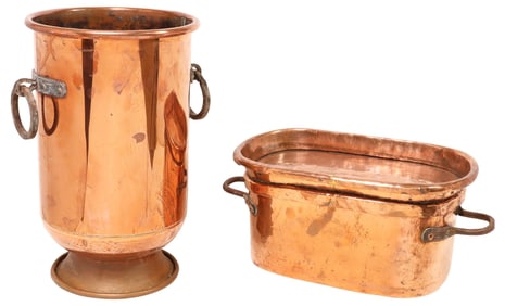 (2) FRENCH COPPER UMBRELLA STAND & LARGE DAUBIERE PAN