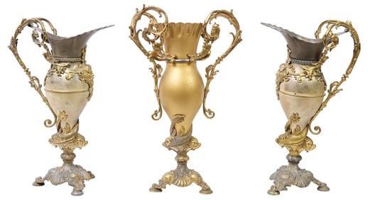 (3) BRADLEY & HUBBARD ROCOCO STYLE NEPTUNE GILT METAL MANTEL GARNITURE SET