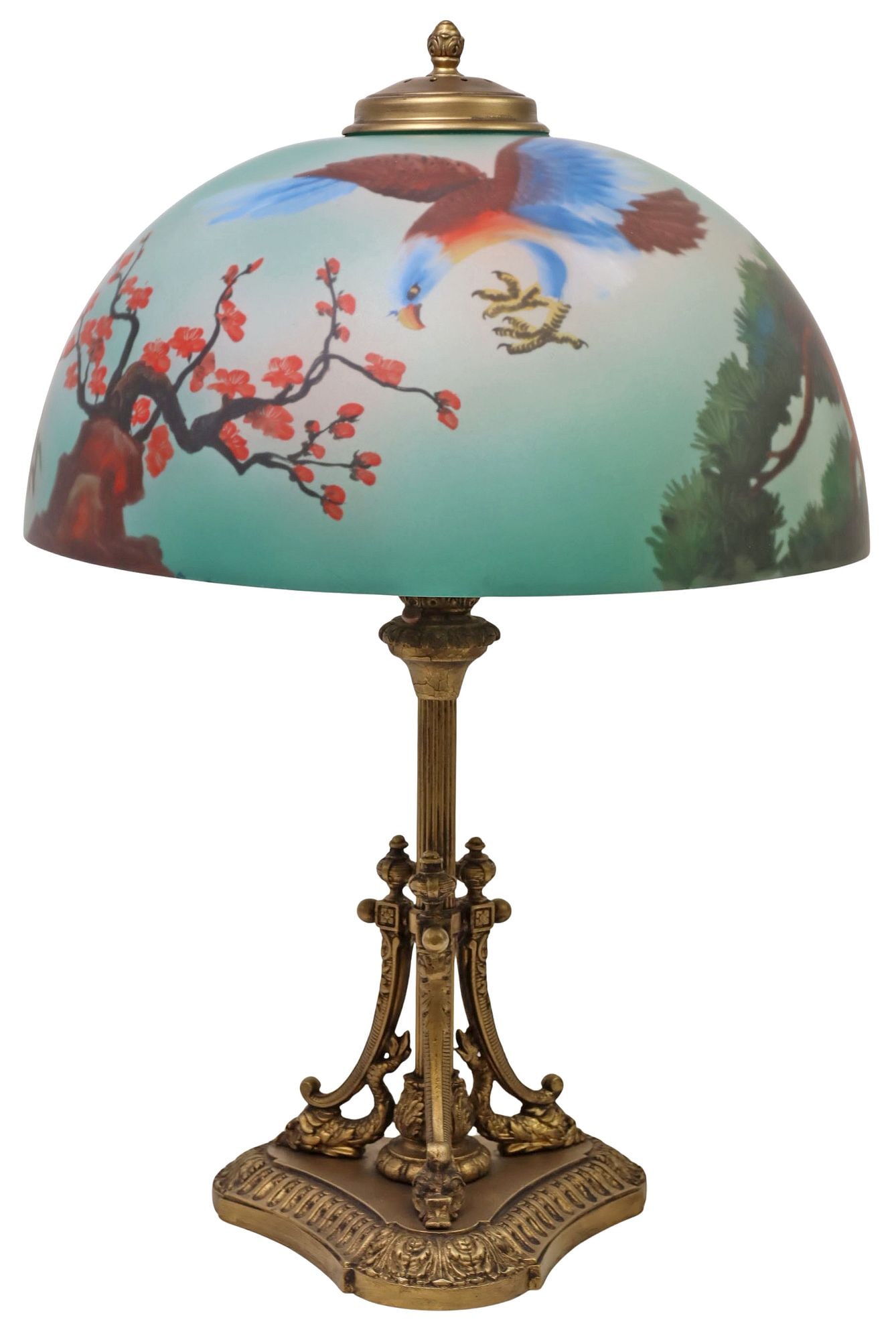 PITTSBURGH LAMP, BRASS & GLASS COMPANY REVERSE-PAINTED 2-LT TABLE LAMP: American Arts and Crafts brass two-light table lamp, Pittsburgh Lamp, Brass and Glass Company, early 20th c., having domed glass shade, with reverse-painted birds of prey and cherry blossom motifs, ov