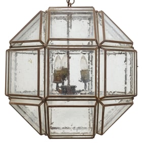 LARGE IRON & GLASS OCTAGONAL 3-LIGHT HANGING LANTERN, MEXICO