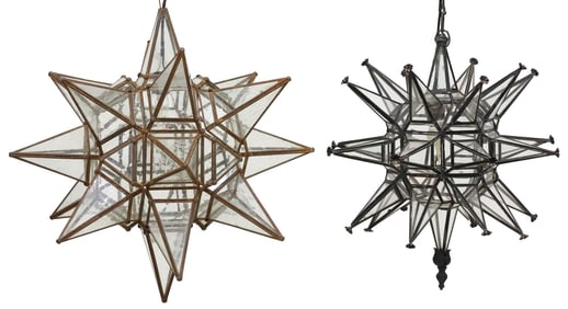 (2) VARIED IRON & GLASS MORAVIAN STAR HANGING PENDANT LIGHTS, MEXICO