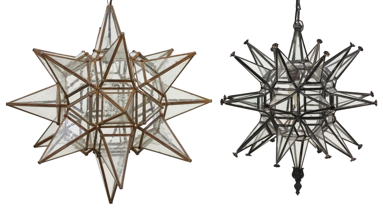 (2) VARIED IRON & GLASS MORAVIAN STAR HANGING PENDANT LIGHTS, MEXICO (1 of 2)