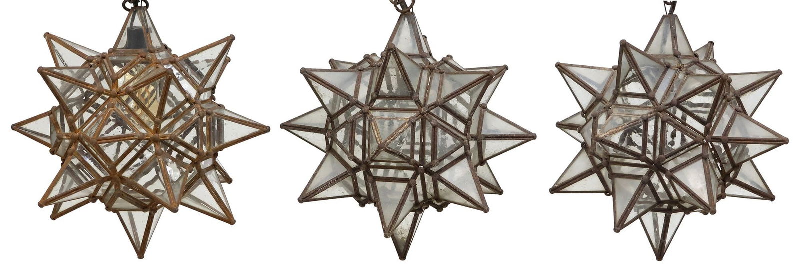 (3) IRON & GLASS MORAVIAN STAR HANGING PENDANT LIGHTS, MEXICO (1 of 2)