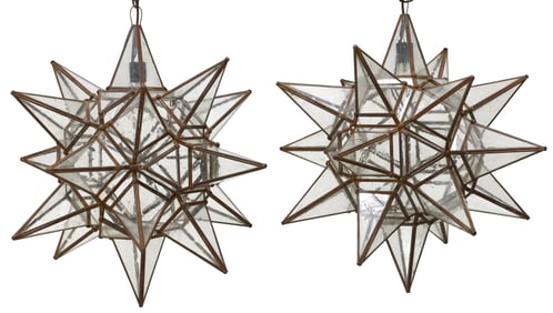 (2) LARGE IRON & GLASS MORAVIAN STAR HANGING PENDANT LIGHTS, MEXICO