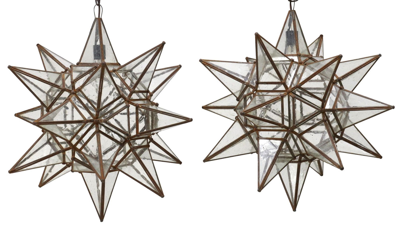 (2) LARGE IRON & GLASS MORAVIAN STAR HANGING PENDANT LIGHTS, MEXICO (1 of 2)