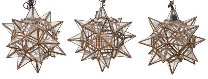 (3) IRON & GLASS MORAVIAN STAR HANGING PENDANT LIGHTS, MEXICO