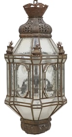 LARGE IRON & GLASS HEXAGONAL 13-LIGHT HANGING LANTERN, MEXICO