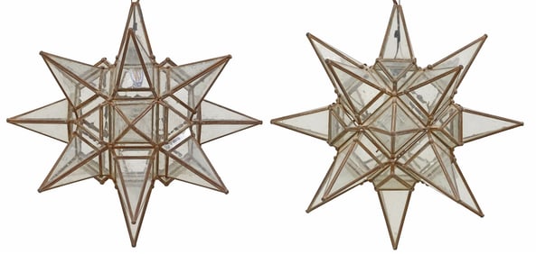 (2) LARGE IRON & GLASS MORAVIAN STAR HANGING PENDANT LIGHTS, MEXICO