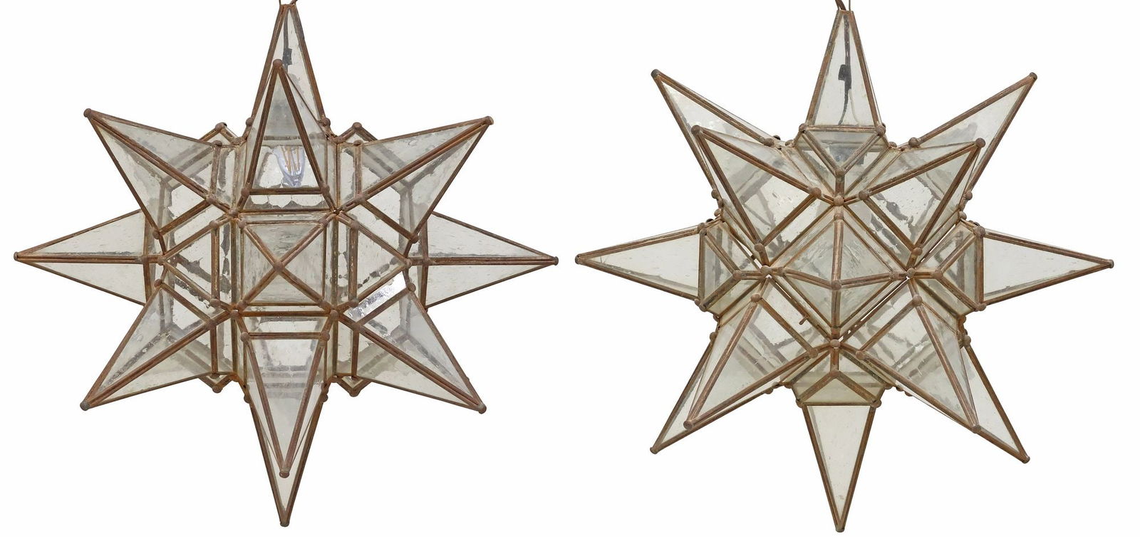 (2) LARGE IRON & GLASS MORAVIAN STAR HANGING PENDANT LIGHTS, MEXICO (1 of 2)