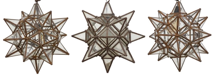 (3) IRON & GLASS MORAVIAN STAR HANGING PENDANT LIGHTS, MEXICO