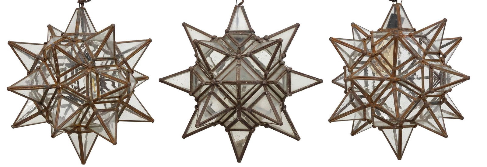 (3) IRON & GLASS MORAVIAN STAR HANGING PENDANT LIGHTS, MEXICO (1 of 2)