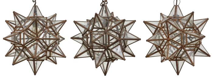 (3) IRON & GLASS MORAVIAN STAR HANGING PENDANT LIGHTS, MEXICO