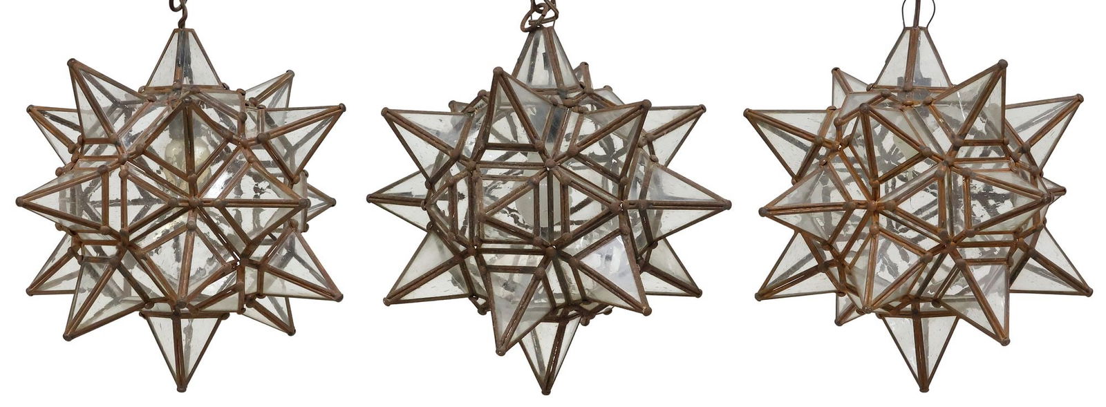 (3) IRON & GLASS MORAVIAN STAR HANGING PENDANT LIGHTS, MEXICO (1 of 2)
