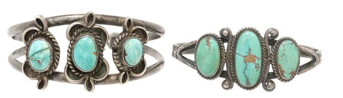 (2) NATIVE AMERICAN SILVER & TURQUOISE CABOCHON CUFF BRACELETS