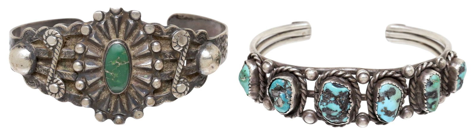 (2) NATIVE AMERICAN SILVER & TURQUOISE CABOCHON CUFF BRACELETS: (lot of 2) Native American silver and turquoise cuff bracelets, including: (1) silver (content unknown) cuff, having six turquoise cabochons in twisted rope surrounds, on split shank cuff, unmarked, a