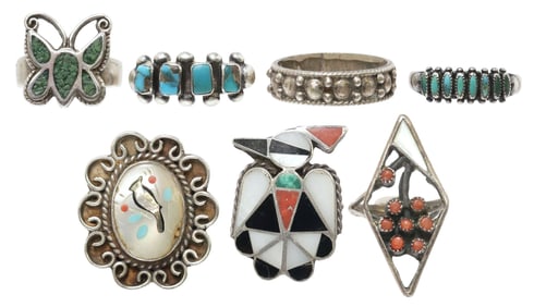 (7) NATIVE AMERICAN SILVER & GEMSTONE RINGS, ZUNI & OTHER