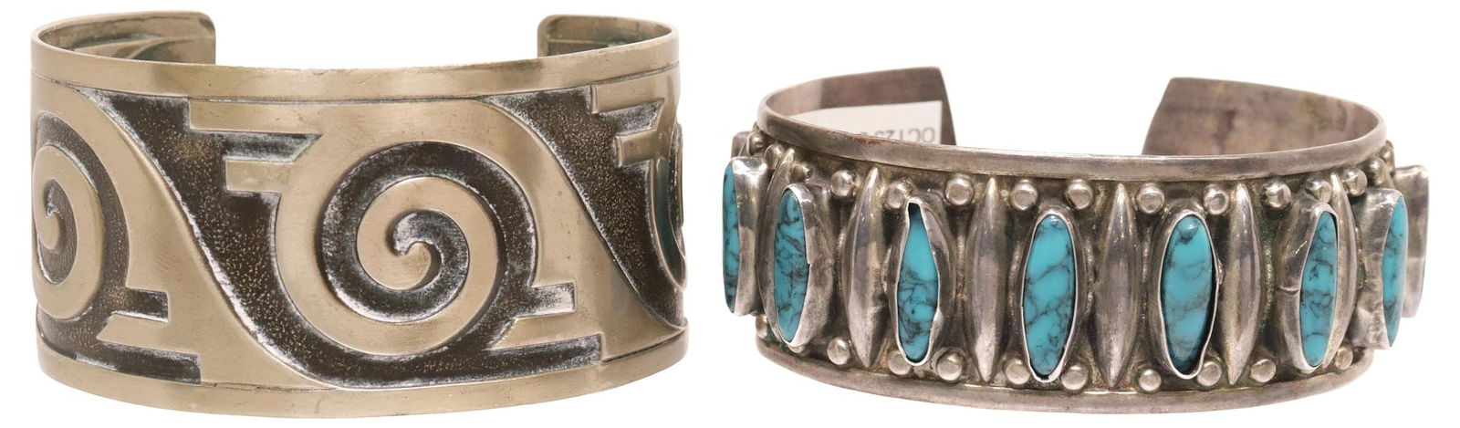 (2) SOUTHWEST STERLING & NICKEL SILVER CUFFS: (lot of 2) Southwest cuff bracelets, including: (1) nickel silver cuff, Bell Trading Post, Hopi-style overlay design, approx 1.25"w, interior: approx 5 3/8"l, gap: approx 1.25"w, 31.2 grams, (1) sterl