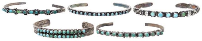 (5) NATIVE AMERICAN SILVER & TURQUOISE NARROW CUFF BRACELETS