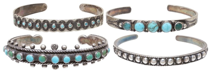 (4) NATIVE AMERICAN SILVER & TURQUOISE NARROW CUFF BRACELETS