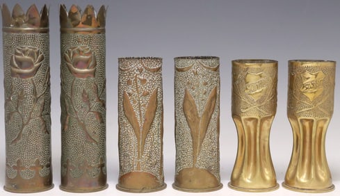 (6) FRENCH WWI-ERA TRENCH ART ARTILLERY SHELL VASES