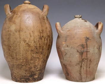 (2) LARGE FRENCH PROVINCIAL STONEWARE OIL JUGS