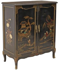 CHINOISERIE BLACK LACQUER & PAINT-DECORATED CABINET