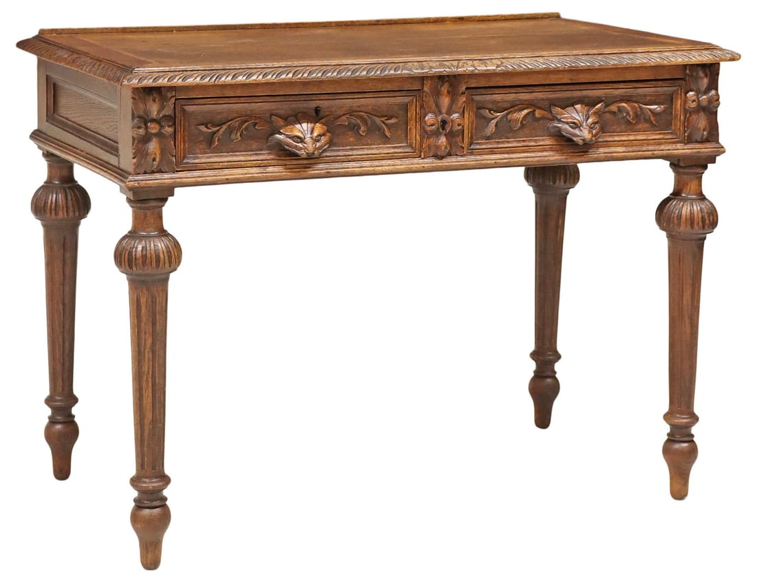 FRENCH HENRI II STYLE FIGURAL CARVED OAK DESK (1 of 5)