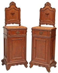 (2) ITALIAN ROCOCO STYLE MARBLE-TOP BURLWOOD NIGHTSTANDS