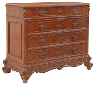 ITALIAN ROCOCO STYLE CARVED BURLWOOD MARBLE-TOP COMMODE