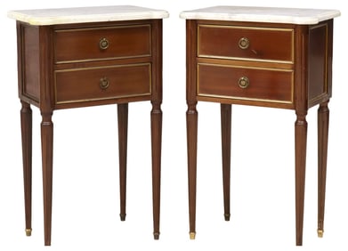 (2) FRENCH LOUIS XV STYLE MARBLE-TOP MAHOGANY NIGHTSTANDS