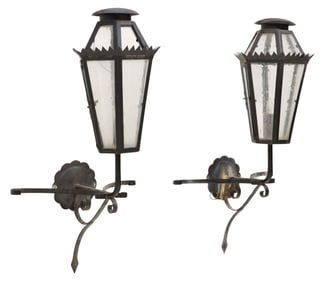 (2) PAINTED IRON & GLASS 1-LIGHT WALL BRACKET LANTERNS, MEXICO