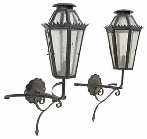 (2) PAINTED IRON & GLASS 1-LIGHT WALL BRACKET LANTERNS, MEXICO