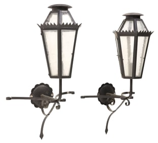 (2) PAINTED IRON & GLASS 1-LIGHT WALL BRACKET LANTERNS, MEXICO