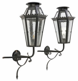 (2) PAINTED IRON & GLASS 1-LIGHT WALL BRACKET LANTERNS, MEXICO
