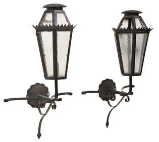 (2) PAINTED IRON & GLASS 1-LIGHT WALL BRACKET LANTERNS, MEXICO
