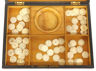 FRENCH INLAID OAK SEWING BOX & 70 CARVED BONE BUTTONS