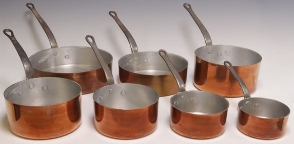 (14) FRENCH GRADUATED COPPER SAUCEPANS, IN TWO SETS