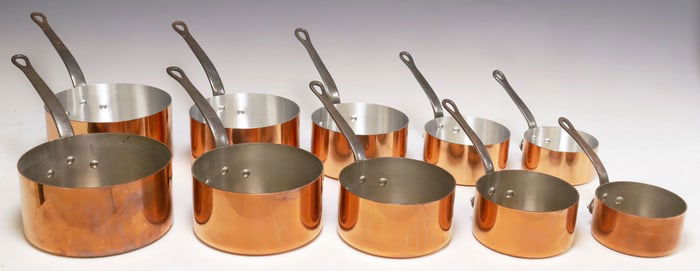 (10) FRENCH GRADUATED COPPER SAUCEPANS, IN TWO SETS