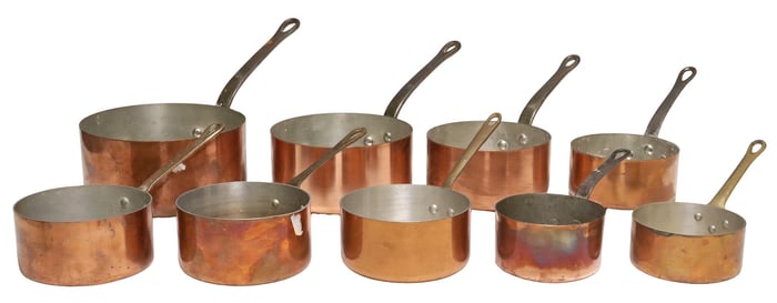 (9) FRENCH GRADUATED COPPER SAUCEPANS, LES CUIVRES DE FAUCOGNEY & OTHER