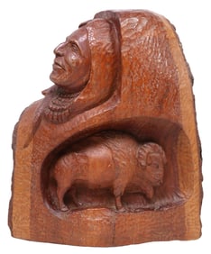 WESTERN CARVED WOOD SCULPTURE, NATIVE AMERICAN CHIEF & BUFFALO