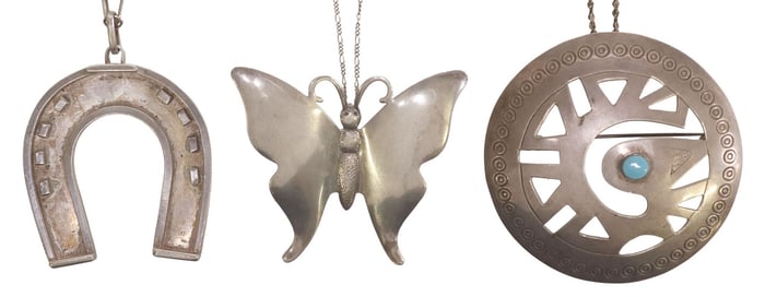 (3) SOUTHWEST STERLING SILVER PENDANT BROOCH NECKLACES