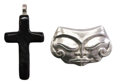 (2) LOS CASTILLO PRE-COLUMBIAN STYLE MASK BROOCH & CROSS PENDANT
